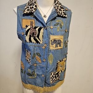 Vintage Animal Embroidered Vest/Shirt Sz M by Life Style 100% Cotton